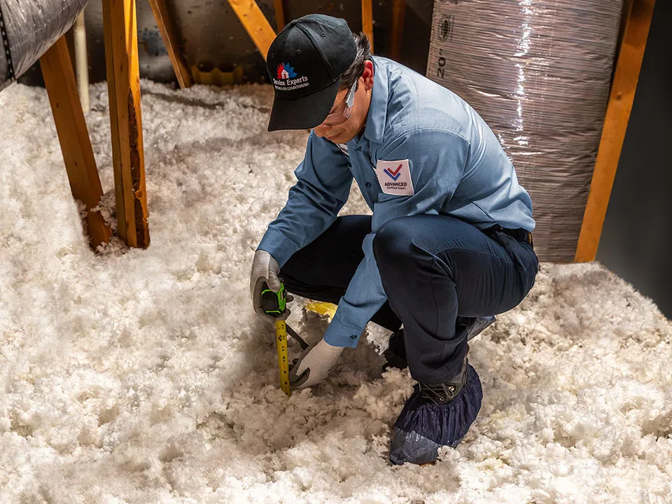 technician measuring attic insulation