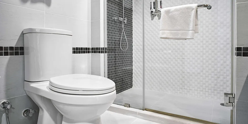 a toilet and shower in a tiled bathroom